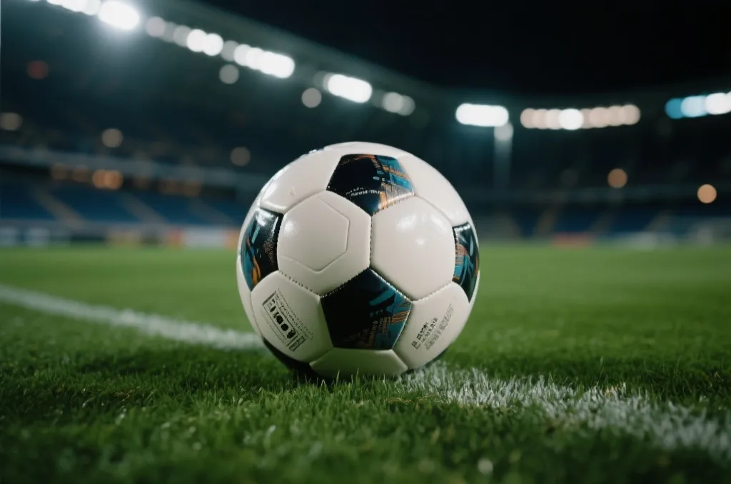 A soccer ball on a lush green pitch under stadium lights